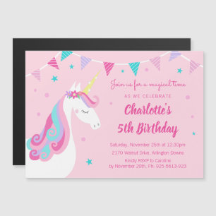 Invitation Magnétique Whimsical Rainbow Unicorn PInk 5e fête d'anniversa