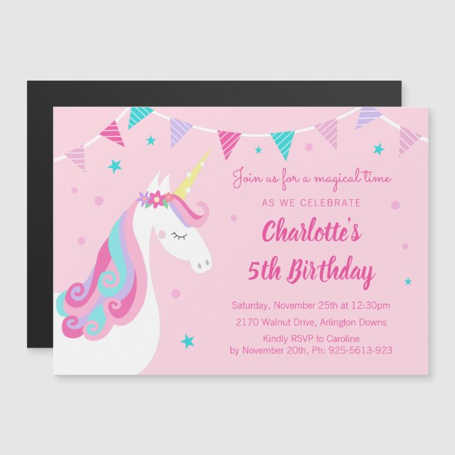 Invitation Magnétique Whimsical Rainbow Unicorn PInk 5e fête d'anniversa (Devant / Derrière)