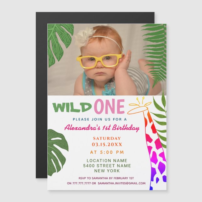 Invitation Magnétique Wild ONE 1er anniversaire Jungle Safari Giraffe Ph (Devant / Derrière)