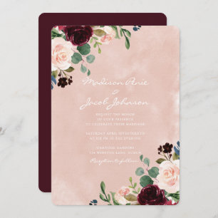 Invitation Magnifique Aquarelle Blush Mariage rouge Bourgogne