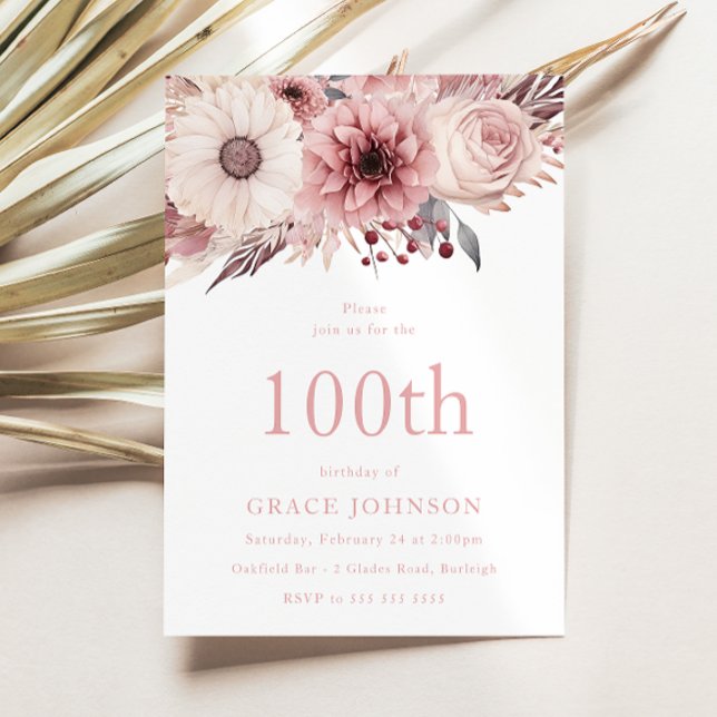 Invitation Magnifique Blush Boho Floral 100e fête d'anniversa (Créateur téléchargé)