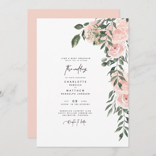 Invitation Magnifique Blush Floral Bride Parents Mariage (Devant / Derrière)