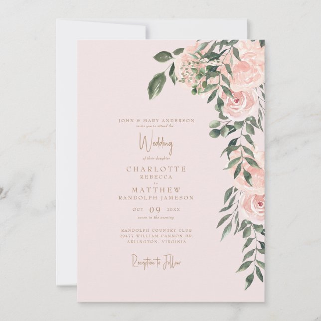 Invitation Magnifique Blush Floral Gold Text Blush Mariage (Devant)