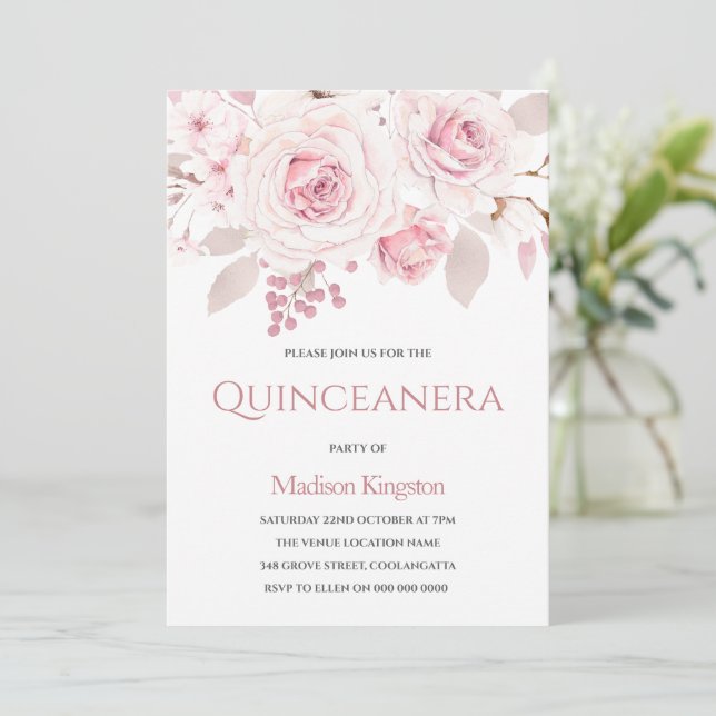 Invitation Magnifique Blush Rose Quinceanera Party (Debout devant)