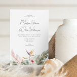 Invitation Magnifique Botanique Tropicale Destination Mariage<br><div class="desc">Cette élégante invitation de mariage de destination comprend de magnifiques botaniques d'aquarelle, dont des feuilles de palmiers, des hibiscus et des oiseaux de paradis. La typographie est classique mais moderne. C'est l'invitation parfaite pour un mariage tropical sur le thème de la plage ou de destination. Consultez la collection pour plus...</div>