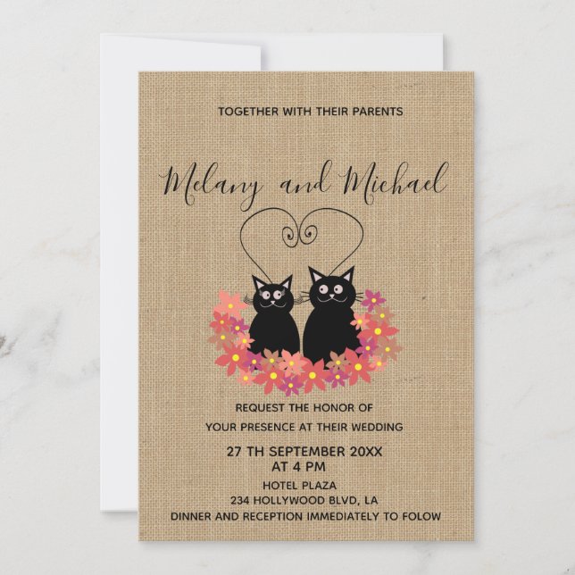Invitation Magnifique caricature florale chats en burlap (Devant)