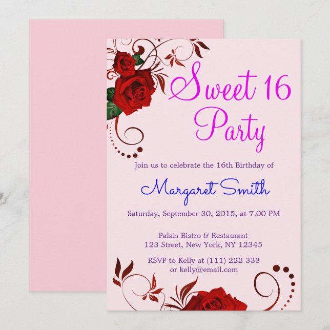 Invitation magnifique fleur rose rouge Sweet 16 (Devant / Derrière)