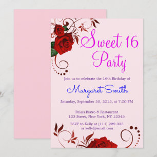 Invitation magnifique fleur rose rouge Sweet 16