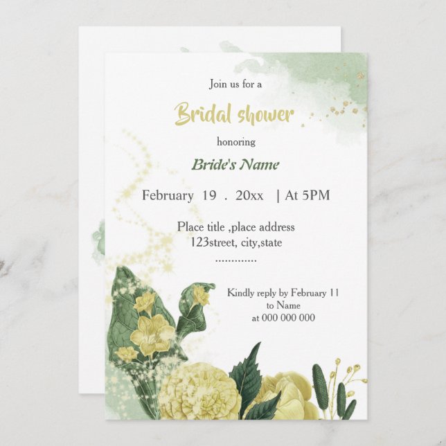 Invitation magnifique fleurs jaunes verdure douche nuptiale (Devant / Derrière)