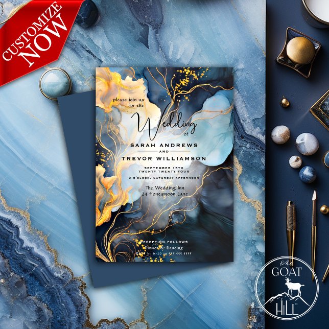 Invitation Magnifique Indigo Blue et Gold Abstrait (Easy to Customize)