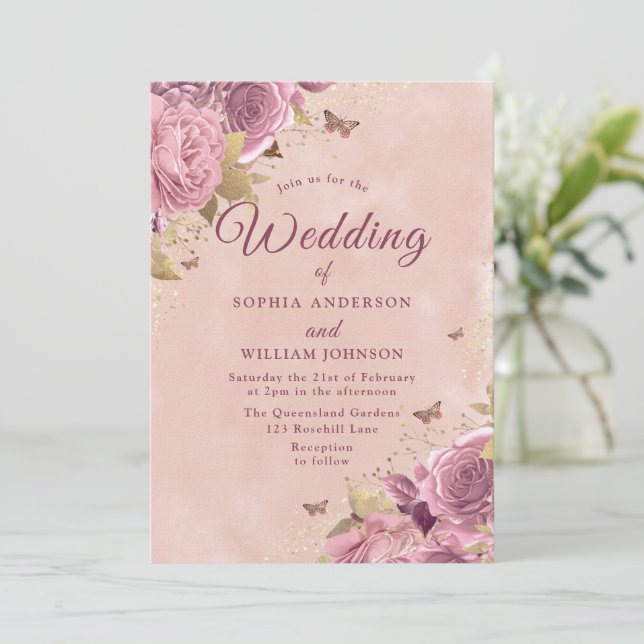 Invitation Magnifique Mariage d'aquarelle flush Blush (Debout devant)