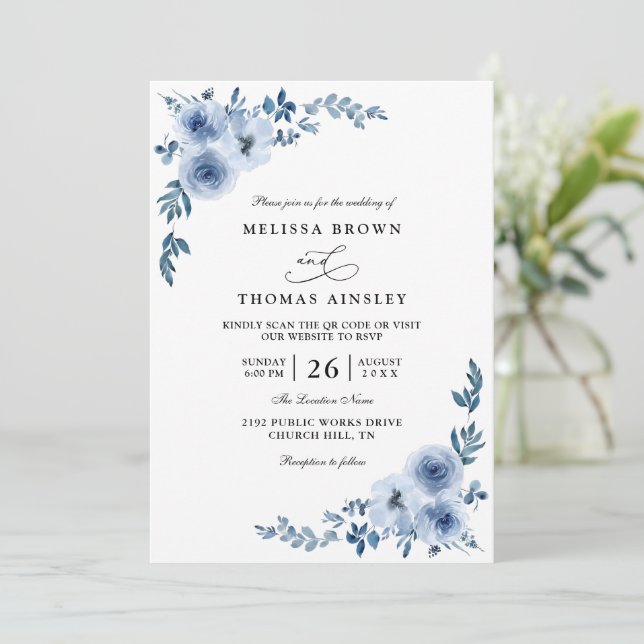 Invitation Magnifique mariage élégant avec code QR floral ble (Debout devant)