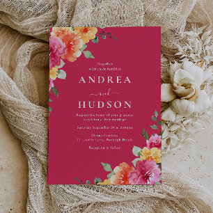 Invitation Magnifique mariage floral aquarelle rose vibrant