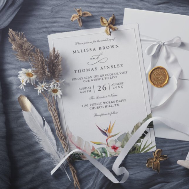 Invitation Magnifique mariage tropical botanique avec code QR (Créateur téléchargé)