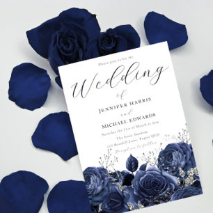 Invitation Magnifique Marine Indigo Roses & Mariage Argent