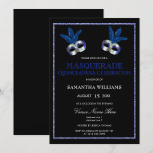 Invitation Magnifique Masquerade Quinceañera Pailletée Bleue
