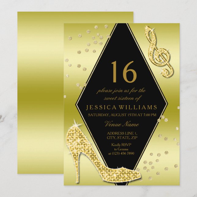 Invitation Magnifique Or Glitzy Sweet 16 (Devant / Derrière)