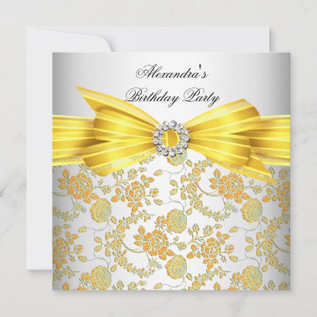 Invitation Magnifique Rose Damask Blanche Jaune Fête d'Annive (Devant)