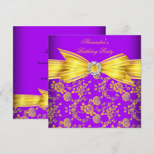 Invitation Magnifique Rose Damassée Violette et Jaune Fête d'