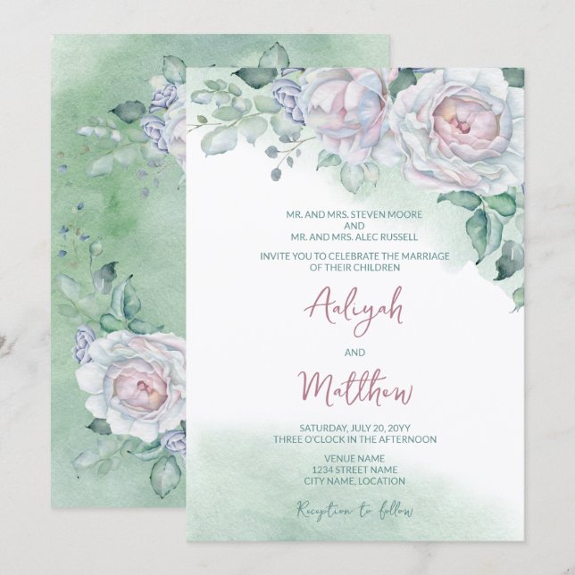 Invitation Magnifique Rose de mariage à l'aquarelle délicate (Devant / Derrière)