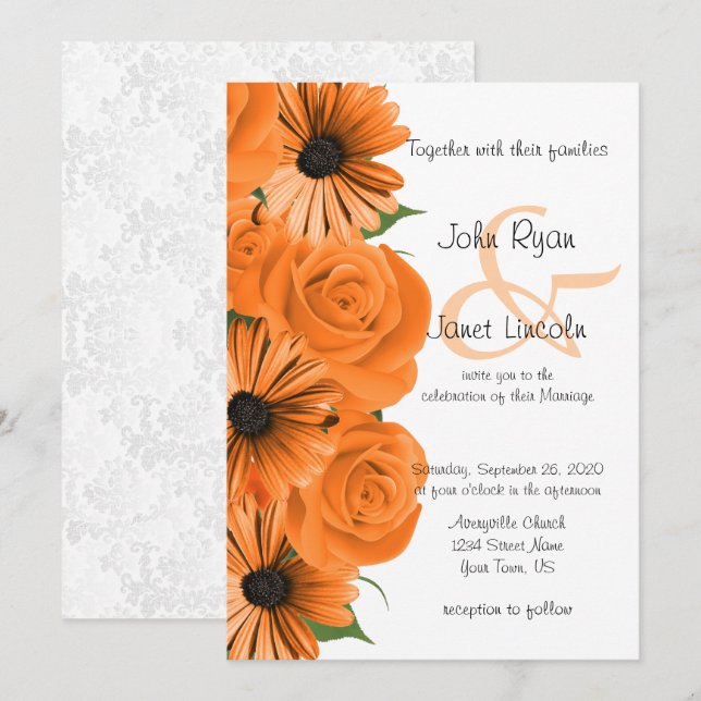 Invitation Magnifique Rose orange et Mariage Daisy (Devant / Derrière)