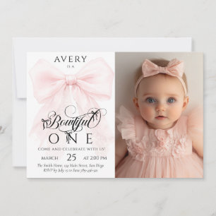 Invitation Magnifique un an rose noeud bébé fille 1er anniver