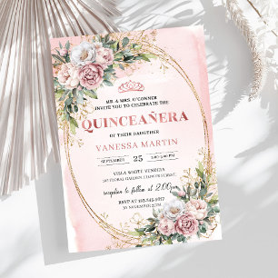 Invitation Magnifiques fleurs de rose en or Eucalyptus 15e an
