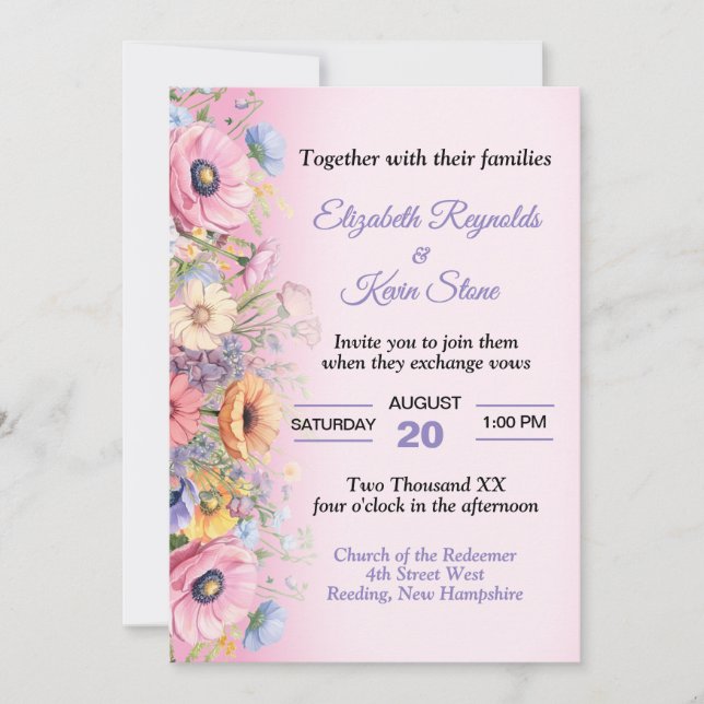 Invitation Magnifiques fleurs pastel pour mariage (Devant)