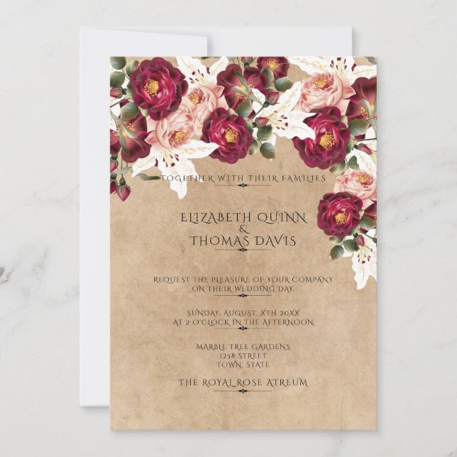 Invitation Magnifiques roses rouges roses blanches lis mariag (Devant)