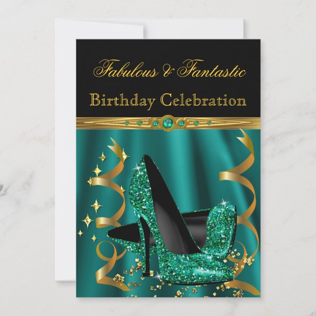 Invitation Magnifiques talons dorés émeraude pour fête d'anni (Devant)
