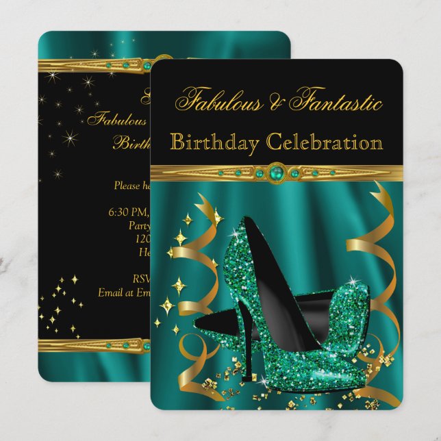 Invitation Magnifiques talons dorés émeraude pour fête d'anni (Devant / Derrière)