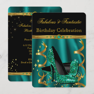 Invitation Magnifiques talons dorés émeraude pour fête d'anni
