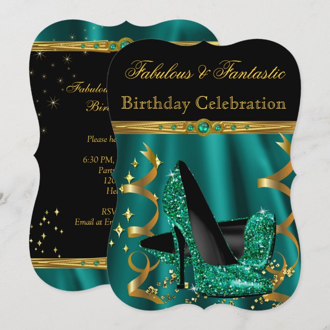 Invitation Magnifiques talons dorés émeraude pour fête d'anni (Devant / Derrière)