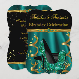 Invitation Magnifiques talons dorés émeraude pour fête d'anni