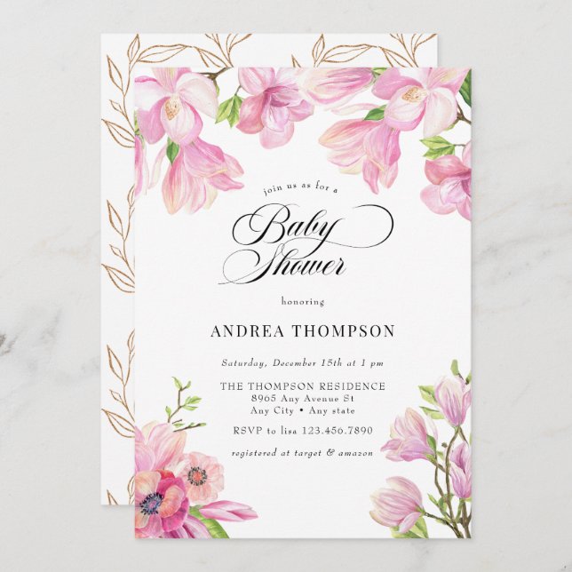 Invitation Magnolia | Baby shower floral rose (Devant / Derrière)