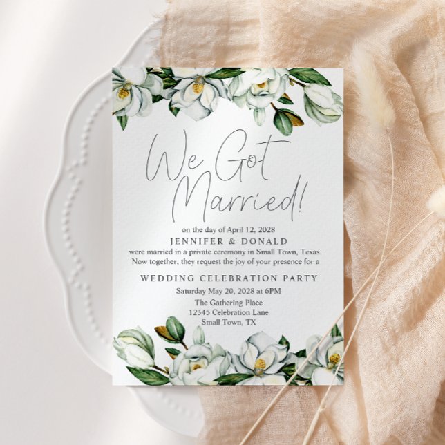 Invitation Magnolia Blanc Floral Mariage Juste Mariés (Créateur téléchargé)
