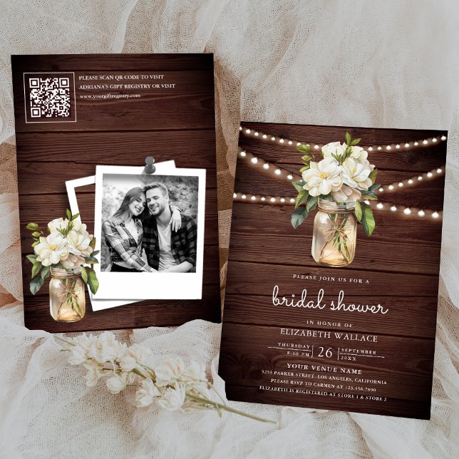 Invitation Magnolia blanche Code QR floral en bois Shower de  (Créateur téléchargé)