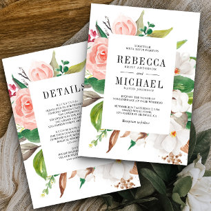 Invitation Magnolia Blanche Fleurs Roses Robe de Mariée Intég