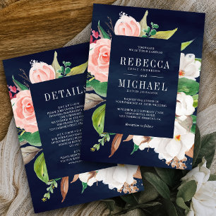 Invitation Magnolia blanche Fleurs roses Tout en un Mariage m