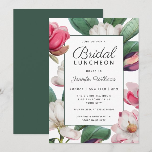 Invitation Magnolia Blossoms Boho Floral Bridal Luncheon (Devant / Derrière)