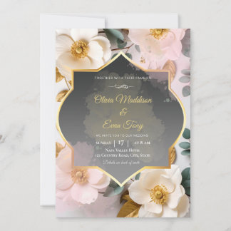 Invitation Magnolia de mariage florale or et charbon lunatiqu