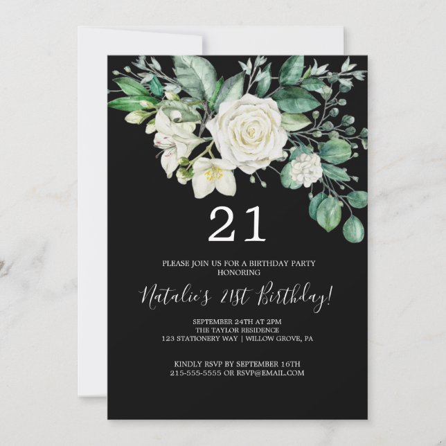 Invitation Magnolia Élégant | 21e Anniversaire Noir et Blanc (Devant)