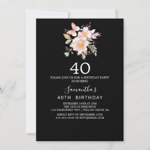Invitation Magnolia Élégant 40e Anniversaire Noir et Blanc