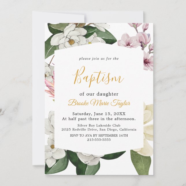 Invitation Magnolia Élégant | Baptême Blanc et Rose  (Devant)