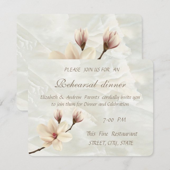 Invitation Magnolia Élégant, Dîner de Répétition en Marbre Bl (Devant / Derrière)