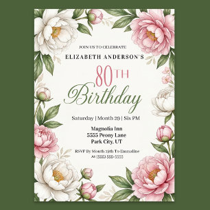 Invitation Magnolia et Pivoine Rose Tendre 80ème Anniversaire