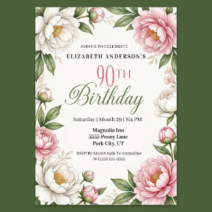 Invitation Magnolia et Pivoine Rose Tendre 90e Anniversaire