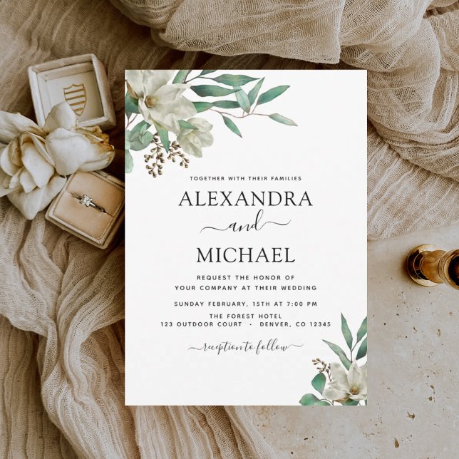 Invitation Magnolia Eucalyptus Aquarelle Mariage élégant (Créateur téléchargé)