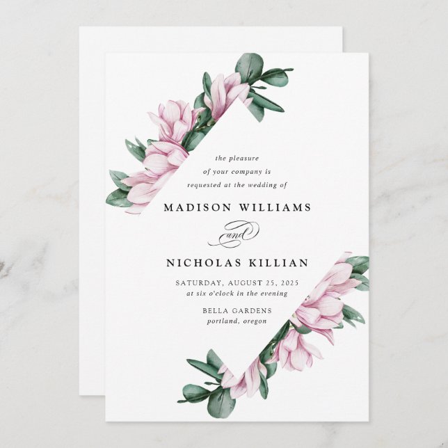 Invitation Magnolia & Eucalyptus | Cadre Floral Mariage (Devant / Derrière)