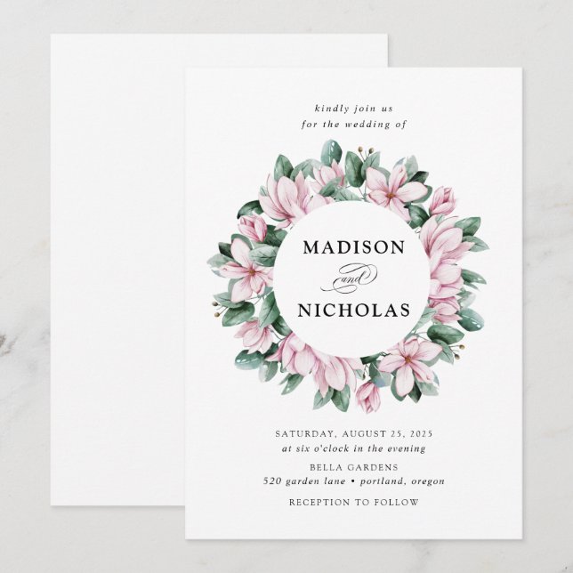 Invitation Magnolia & Eucalyptus | Couronne florale de mariag (Devant / Derrière)